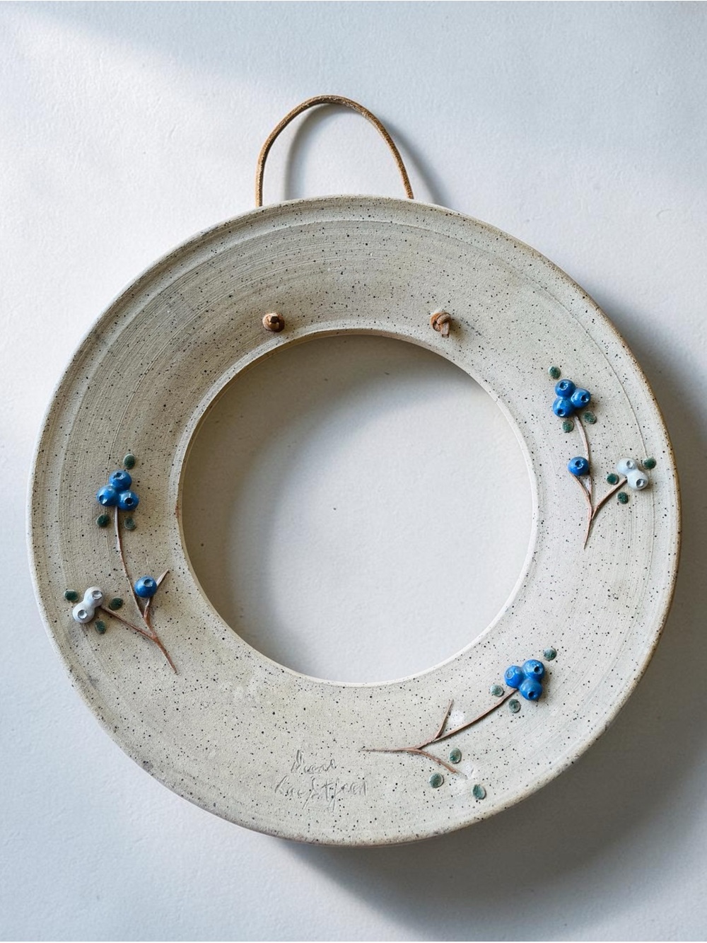 Handcrafted Ceramic Floral Wall Frame - Cream with Blue Accents